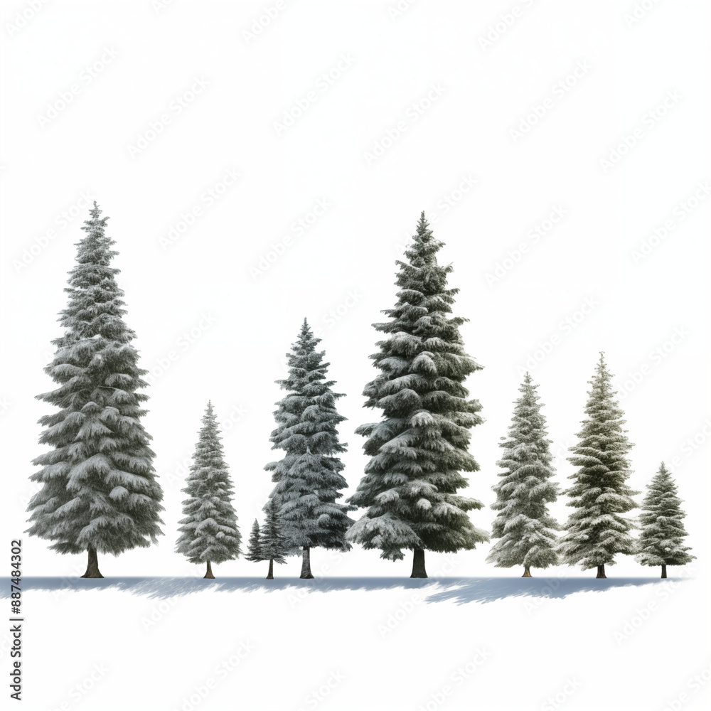 Line Of Snow-Covered Pine Trees Creating A Scenic Winter Landscape On A White Background Line Of Snow-Covered Pine Trees Creating A Scenic Winter Landscape On A White Background