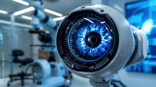 Robot eye being designed and tested in a robotics lab with minimalist background