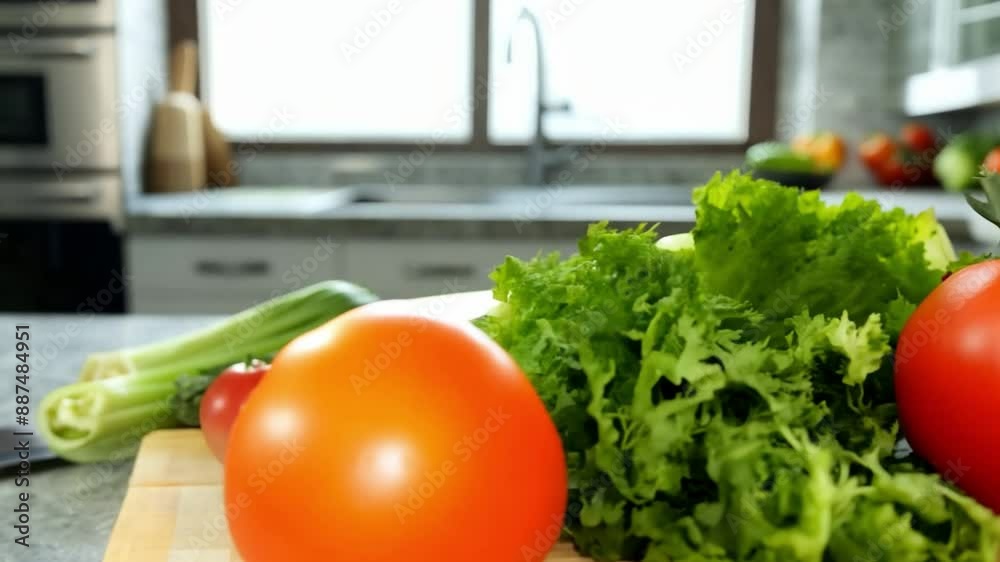 A cutting board with celery, zucchini, and tomatoes on a kitchen countertop, with a knife resting nearby. A cutting board with celery, zucchini, and tomatoes on a kitchen countertop, with a knife resting nearby.