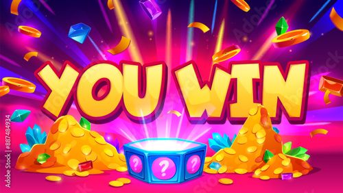 You win surprise vector. Open lucky gift prize. Lottery bonus in casino with mystery reward. Gold coin near blue question giftbox banner illustration. Quiz winner celebration with diamond and confetti