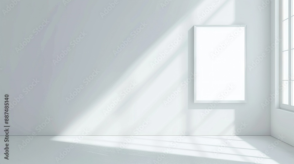 Fototapeta premium A bright room boasts white walls, a window, and a shadow cast by sunlight streaming in