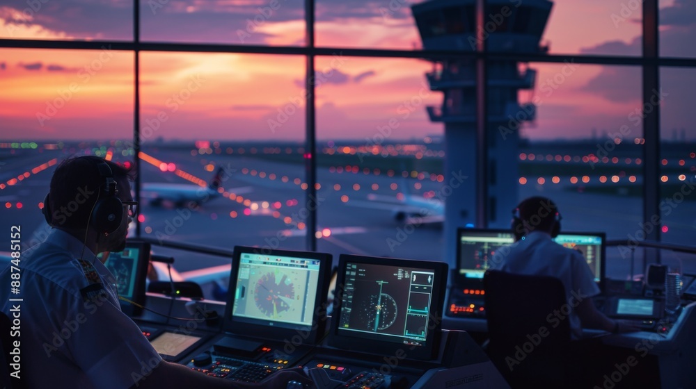 Air Traffic Controllers in Action at the Airport Tower Air Traffic Controllers in Action at the Airport Tower