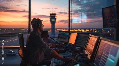 Air Traffic Controllers in Action at the Airport Tower
