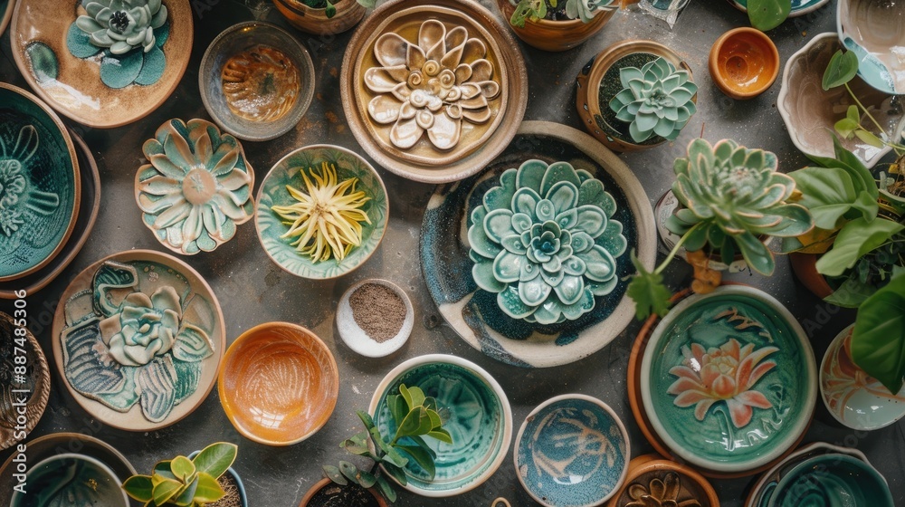 Top view of handmade ceramic plates with floral design crafted with hands and plants on a table Top view of handmade ceramic plates with floral design crafted with hands and plants on a table