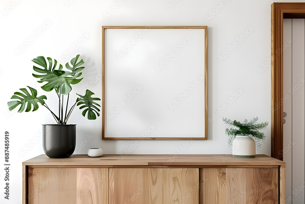 blank poster frame mockup on white wall living room with wooden sideboard with small green plant blank poster frame mockup on white wall living room with wooden sideboard with small green plant