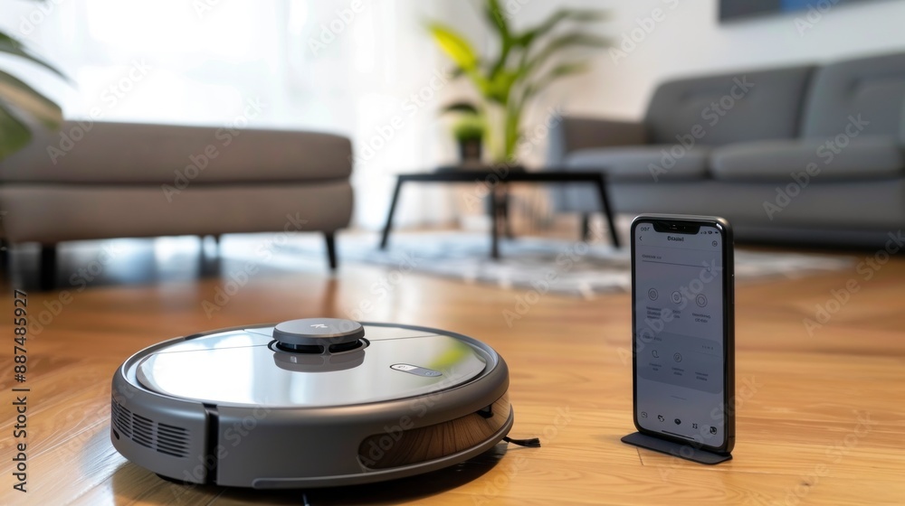 Robot vacuum being controlled via a smartphone app with minimalist background Robot vacuum being controlled via a smartphone app with minimalist background