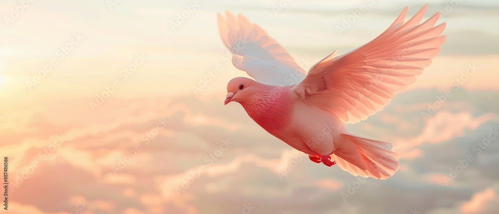 Obraz premium Pink & white bird soaring, wings stretched, sun in backdrop