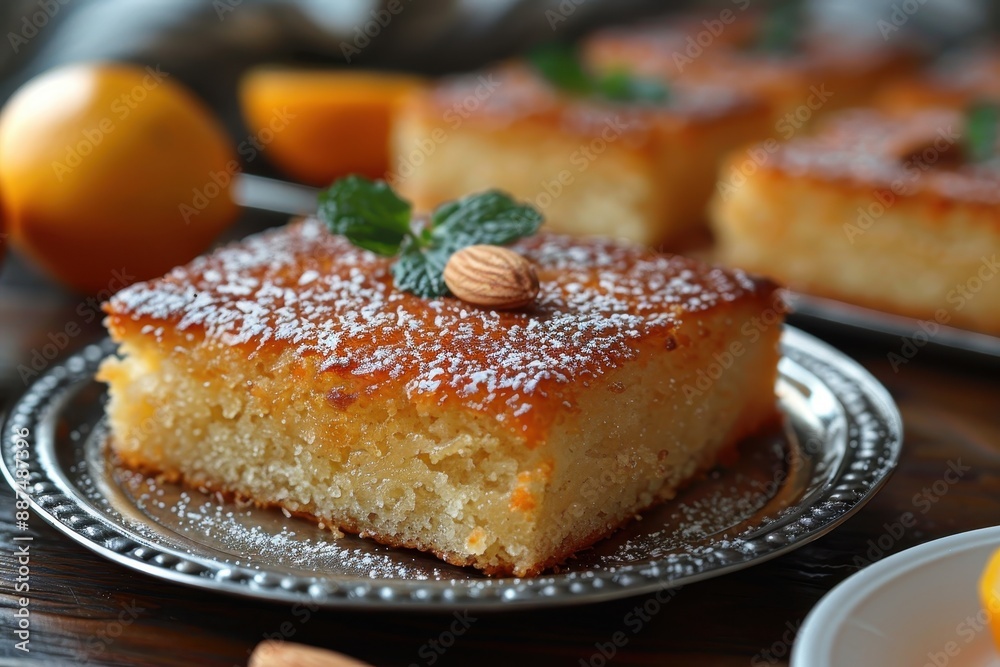 Egypt Basbousa A piece of semolina cake soaked in syrup, garnished with a blanched almond on top and served on a silver plate. Egypt Basbousa A piece of semolina cake soaked in syrup, garnished with a blanched almond on top and served on a silver plate.