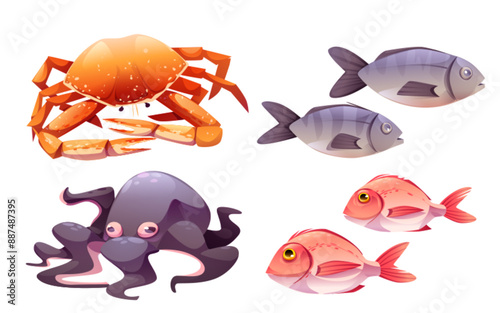 Ocean seafood and fish for restaurant illustration. Fresh crab and octopus variety underwater element set. Marine gourmet cooking design for market. Healthy nutrition for dinner graphic collection