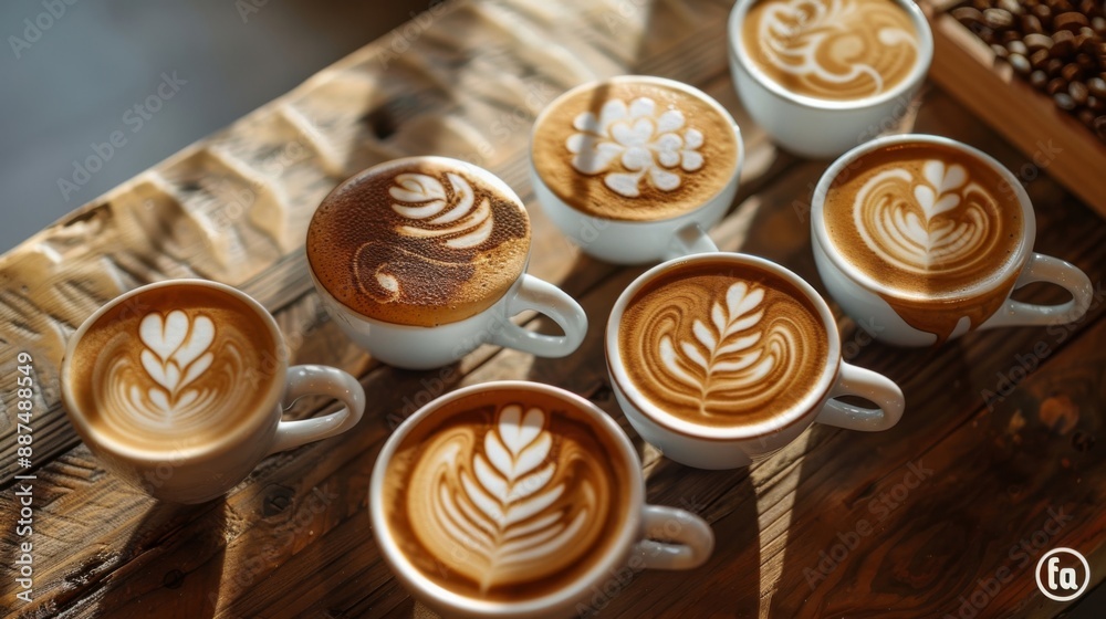 Variety of Beautifully Crafted Latte Art in White Cups on a Wooden Table Variety of Beautifully Crafted Latte Art in White Cups on a Wooden Table