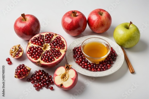 Pomegranates, apples and honey on white background, traditional food of Jewish New Year - Rosh Hashanah. photo