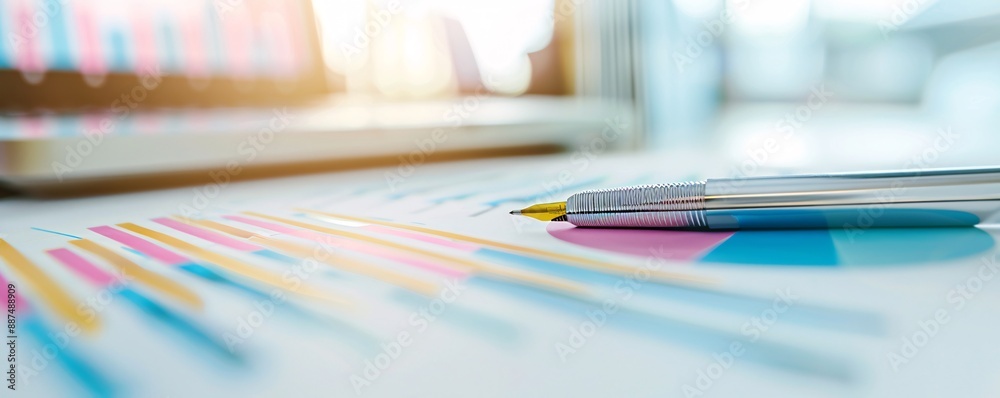 Financial documents and colorful charts on a consultant’s desk, with a pen highlighting key figures. The clean, professional setup provides ample copy space. Financial documents and colorful charts on a consultant’s desk, with a pen highlighting key figures. The clean, professional setup provides ample copy space.