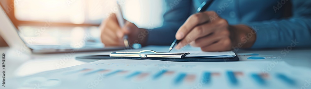 Close-up of a financial report and charts with a consultant’s hands making notes, set against a minimalist office background. This image is ideal for financial consulting concepts. Close-up of a financial report and charts with a consultant’s hands making notes, set against a minimalist office background. This image is ideal for financial consulting concepts.