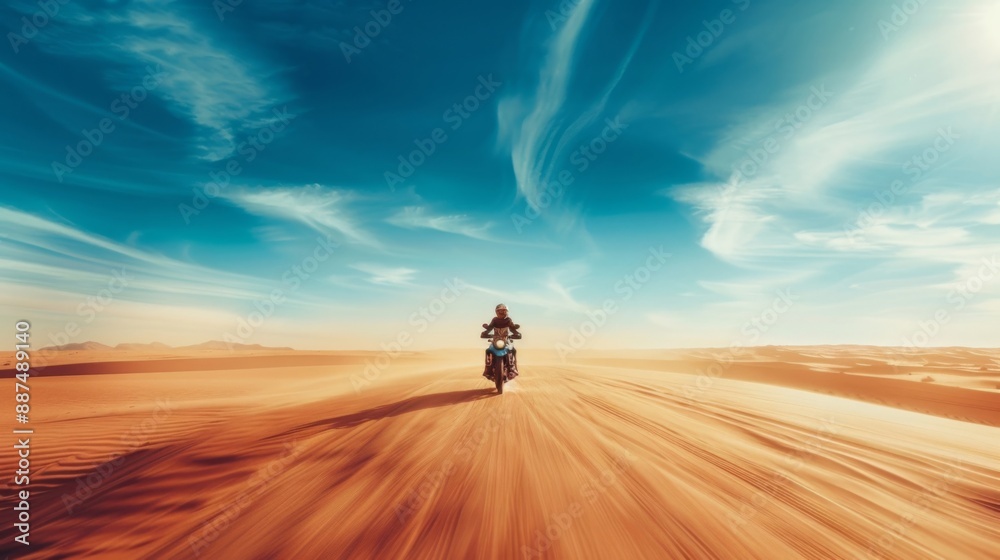 Lone person riding motorcycle across vast desert under blue sky, empty landscape with horizon in the distance, sense of freedom and adventure. Lone person riding motorcycle across vast desert under blue sky, empty landscape with horizon in the distance, sense of freedom and adventure.