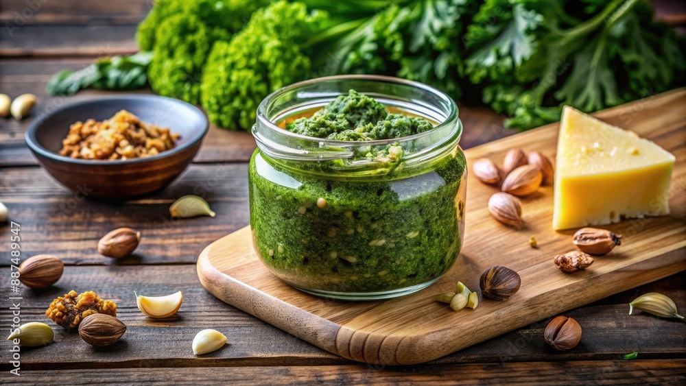 Freshly made kale pesto in a glass jar sits on a rustic wooden surface against a dark background, made with kale, walnuts, parmesan, garlic, and olive oil. Freshly made kale pesto in a glass jar sits on a rustic wooden surface against a dark background, made with kale, walnuts, parmesan, garlic, and olive oil.