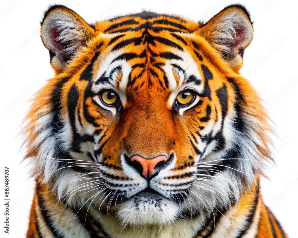 Obraz premium Close-up portrait of a majestic tiger's head with vibrant orange and black stripes, looking directly at the camera, isolated on a white background.