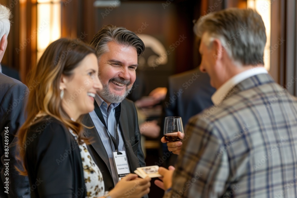 A business networking event with professionals exchanging business cards and engaging in conversations A business networking event with professionals exchanging business cards and engaging in conversations