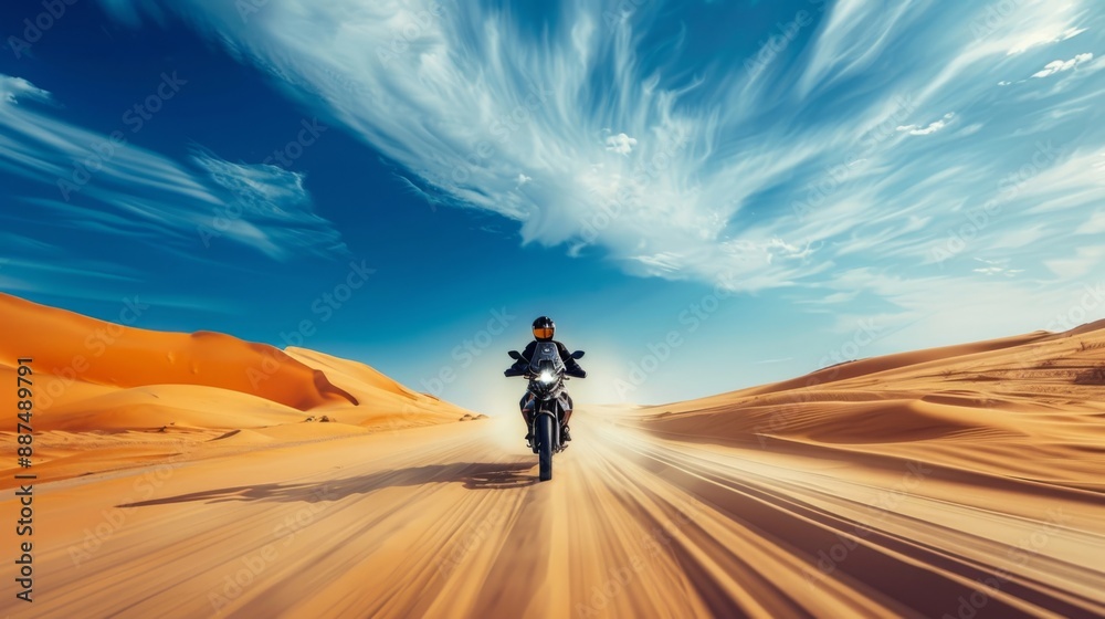 Rider on a motorcycle speeding through the vast desert during a bright day. Stunning clouds and blue sky create an inspiring travel backdrop. Rider on a motorcycle speeding through the vast desert during a bright day. Stunning clouds and blue sky create an inspiring travel backdrop.