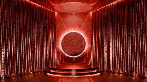 Obraz na plátně Dimly lit interior space with red velvet curtains on either side of a circular light fixture and a small stage