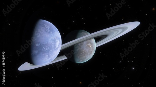 Fototapeta Naklejka Na Ścianę i Meble -  Planet magnificent rings cast a shadow over its neighboring moons, showcasing the beauty of the cosmos in the quiet, dark expanse of space