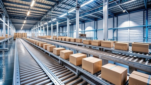 Industrial conveyor belt system moves packaged goods along production line, empty space around machinery, sleek factory interior with minimalist aesthetic.