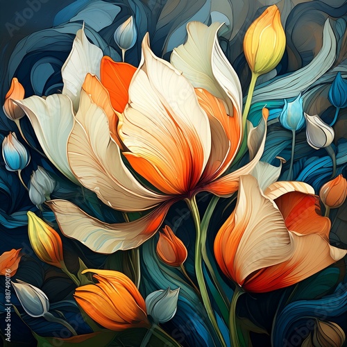 Painted colorful tulips, decorative wallpaper