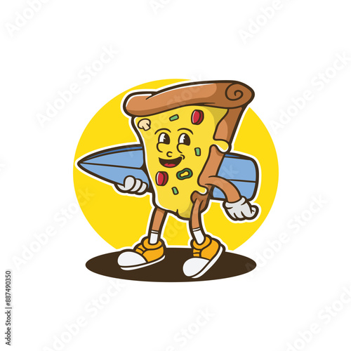 Canvas Print mascot character pizza with surfing board good for logo, brand, groovy mascot, e