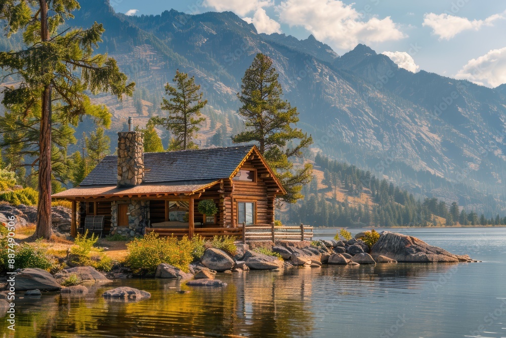 Fototapeta premium A cozy, rustic cabin by a serene lake, with mountains in the background