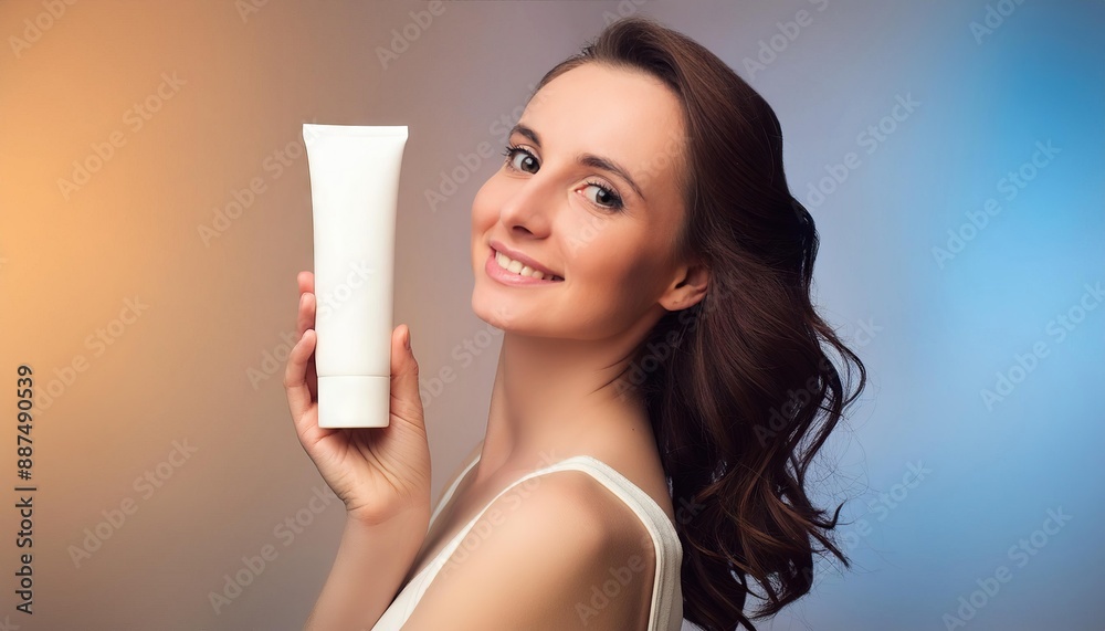 Elegant cream and lotion promotion banner with white tube in woman's hand Elegant cream and lotion promotion banner with white tube in woman's hand