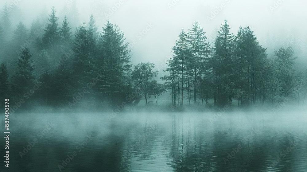 A dense pine forest surrounds a body of water in the midst of a foggy landscape, with towering pines reaching high into the sky A dense pine forest surrounds a body of water in the midst of a foggy landscape, with towering pines reaching high into the sky