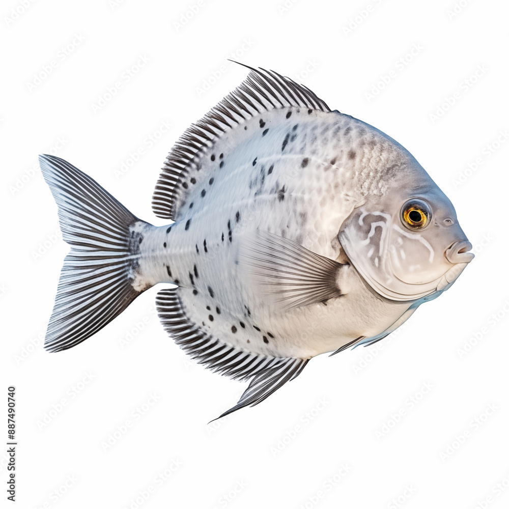 Side Profile Of Spotted White Fish With Yellow Eye On White Background Side Profile Of Spotted White Fish With Yellow Eye On White Background