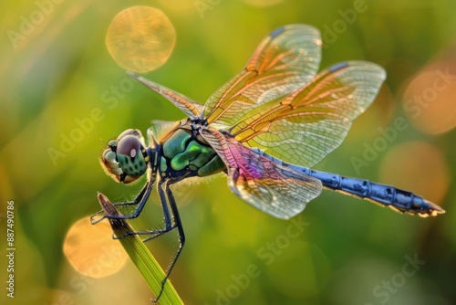 A close-up of a dragonfly perched on a blade of grass, its iridescent wings catching the sunlight © Ольга Лукьяненко