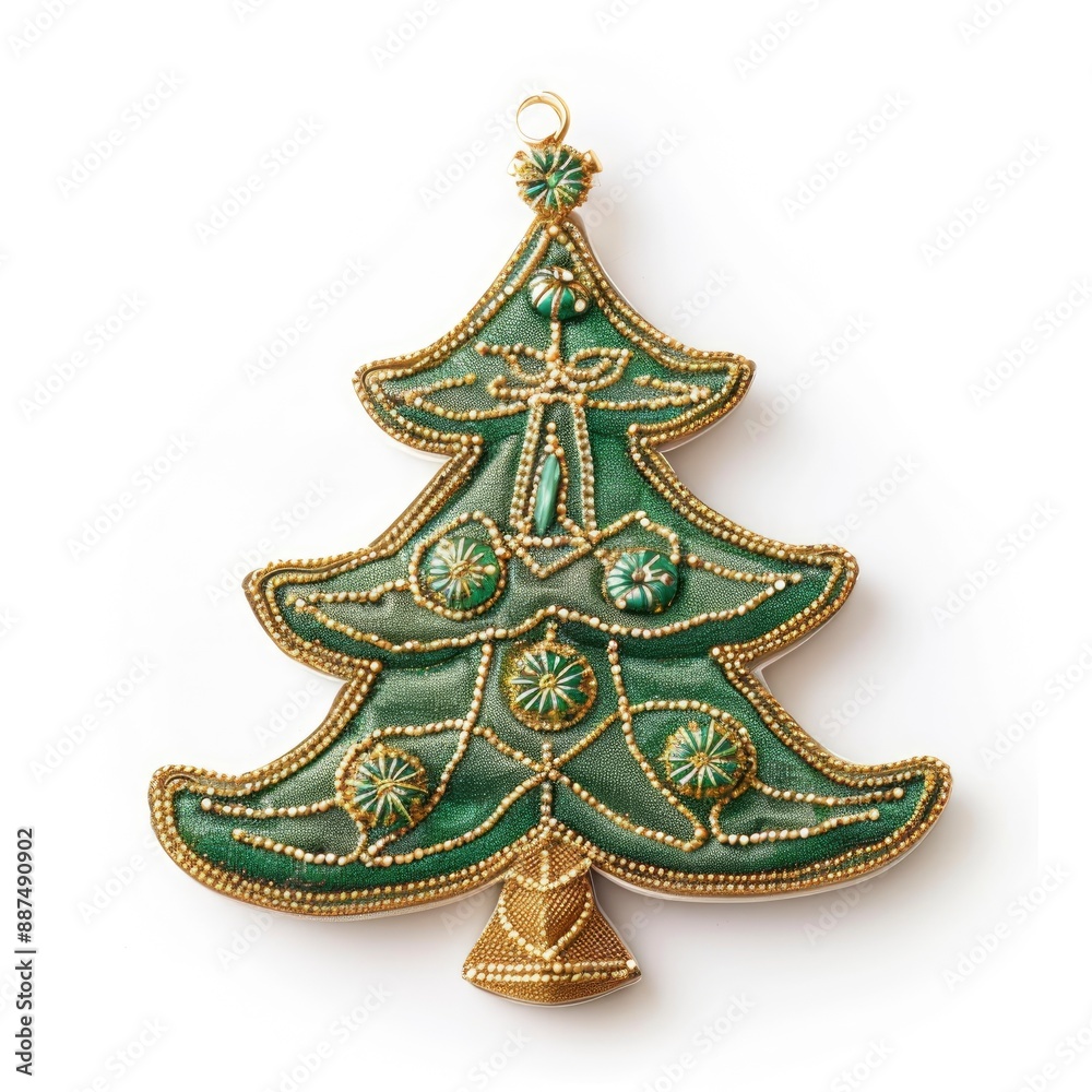 Obraz premium A Christmas tree ornament in green and gold with a white background.