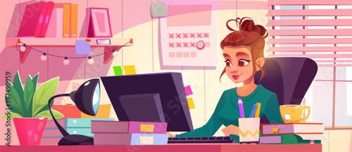 Remote work concept with young woman sitting at table with computer monitor in house room interior. Cartoon vector illustration of girl freelance worker or student. Home office of female employee.