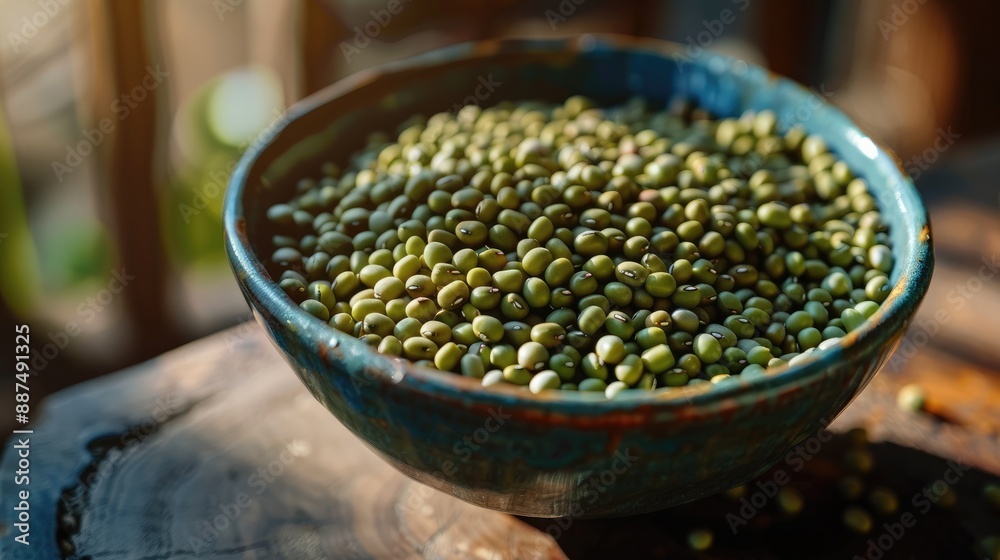 Mung Beans on Kitchen Table, Fresh and Nutritious Mung Beans on Kitchen Table, Fresh and Nutritious