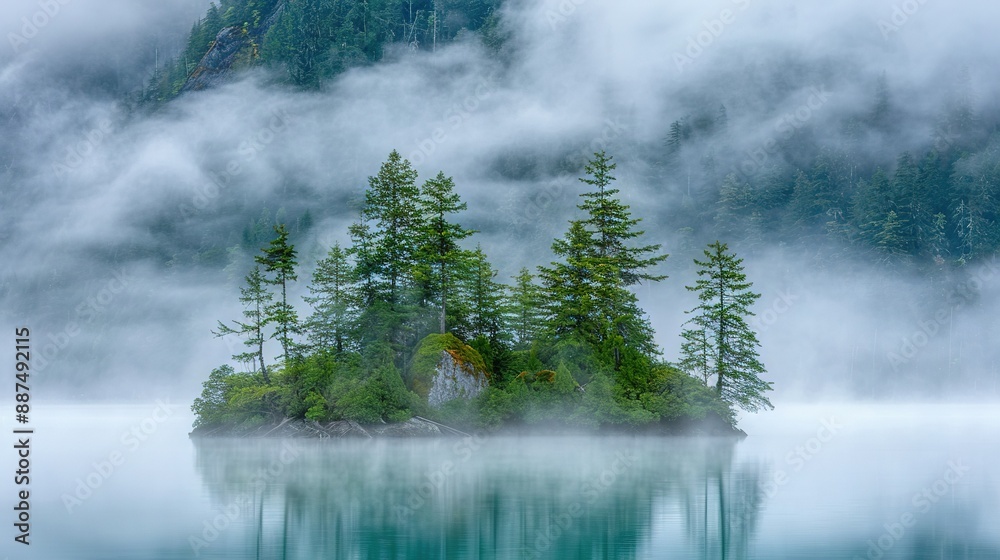 Fototapeta premium A tiny island surrounded by water, with trees lining the shore and foggy air overhead