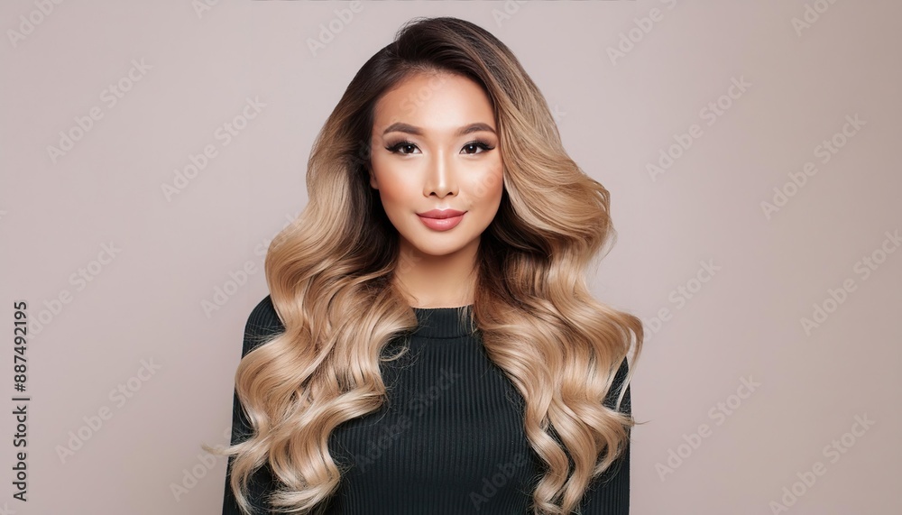 Naklejka premium Beauty blonde girl with long and shiny wavy hair