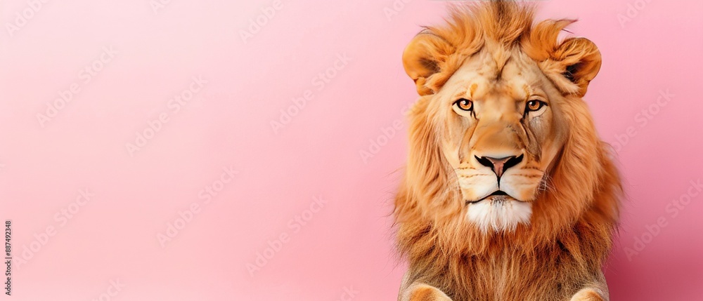 Fototapeta premium Close-up of a lion's head on a pink background against a light pink wall