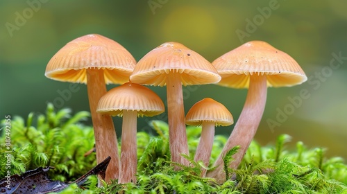   A cluster of mushrooms resting atop a verdant moss-covered forest bed laden with abundant lichen and moss © Anna