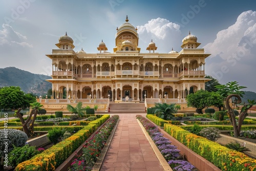 A majestic palace with golden domes and lush, landscaped gardens