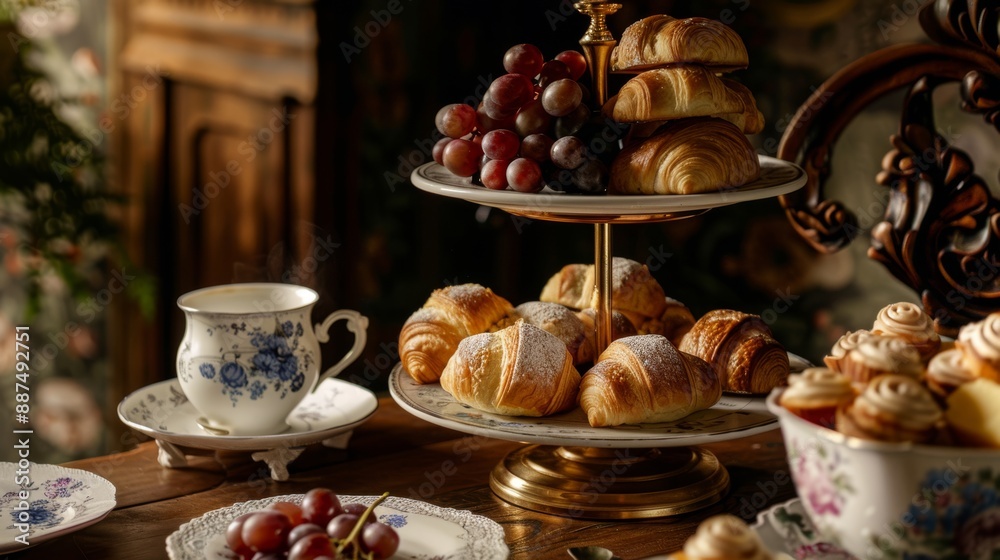 Fototapeta premium Vintage breakfast, on an oak table, cups of aromatic tea, crispy croissants, bunches of sweet grapes