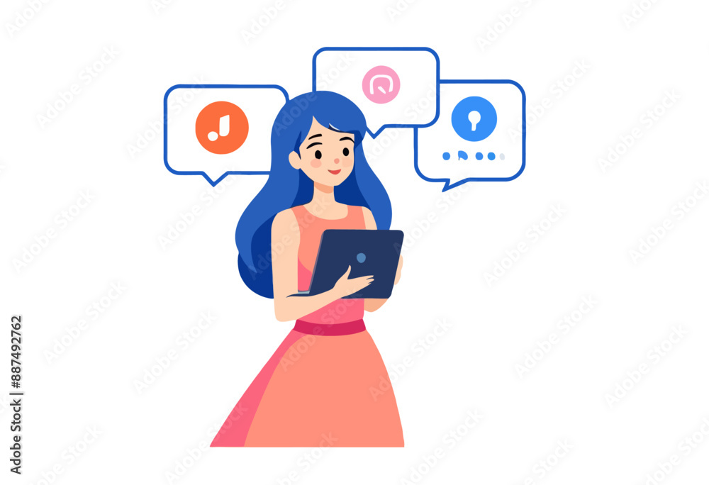 Woman with blue hair, holding tablet, surrounded by speech bubbles Woman with blue hair, holding tablet, surrounded by speech bubbles