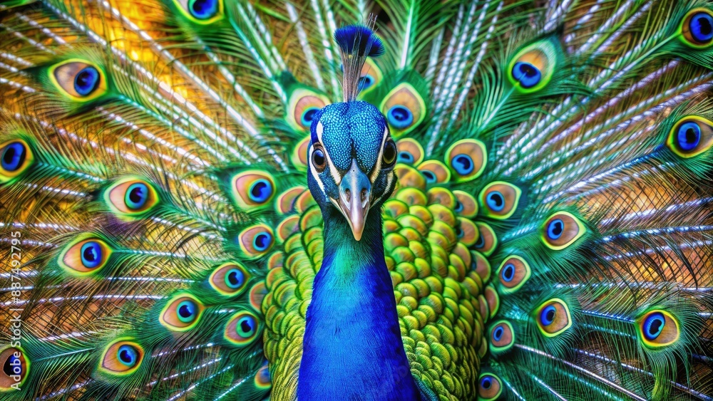 Fototapeta premium Vibrant peacock proudly displaying stunning iridescent plumage, shimmering blues and greens, with majestic head and neck feathers elegantly fanned out in a striking pose.
