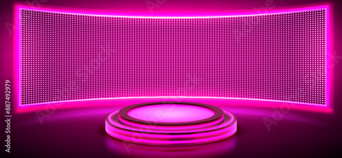 Pink neon glowing product podium with digital led screen on wall. Realistic 3d vector illustration of luminous stage for goods display. Empty futuristic cylinder platform with light in studio room.