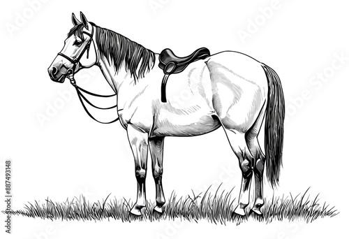 White Horse with Saddle and Reins, Standing in Grassy Field photo