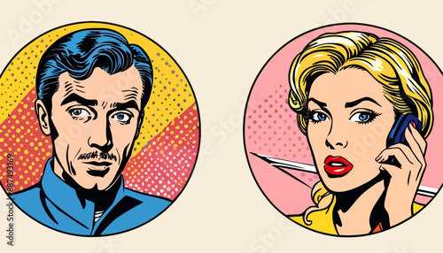 Vintage Illustration of a Man and Woman, Both Using Cell Phones