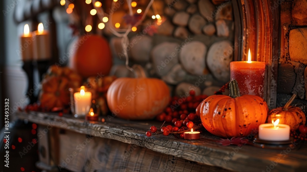 Close up image of pumpkins and candles on mantelpiece in room Close up image of pumpkins and candles on mantelpiece in room