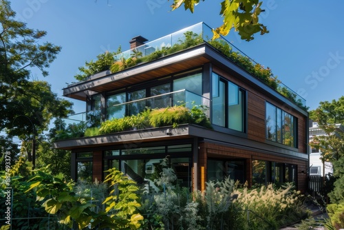 A modern, eco-friendly home with large windows and a rooftop garden