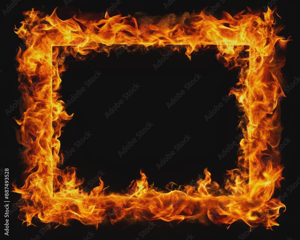 Fiery rectangular frame composed of intense burning flames, isolated on a dark black background, evoking a sense of passion, energy, and creative fiery passion. Fiery rectangular frame composed of intense burning flames, isolated on a dark black background, evoking a sense of passion, energy, and creative fiery passion.
