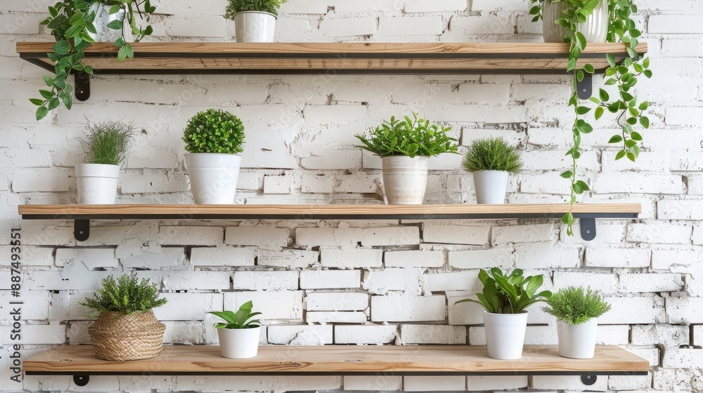 Shelving display of green plants by white brick wall Shelving display of green plants by white brick wall